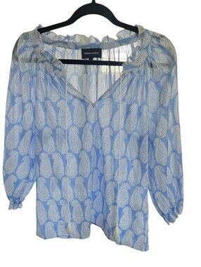 French Curve Blue Paisley Cotton Boho Peasant Blouse Small